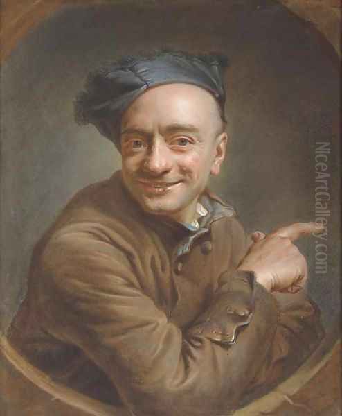 Self-portrait, bust-length, pointing to the right, seen through a window - view 1