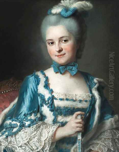 Portrait of Madame Cailloux bust-length, wearing a blue dress and holding a fan, seated on a Louis XV chair - view 1
