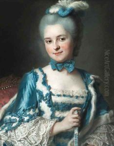 Portrait of Madame Cailloux bust-length, wearing a blue dress and holding a fan, seated on a Louis XV chair by Maurice Quentin de La Tour