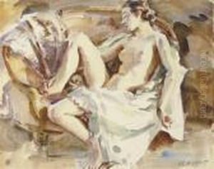 Study Of A Reclining Female Nude (illustrated); And An Olive Grovein The South Of France by Wilfred Gabriel De Glehn