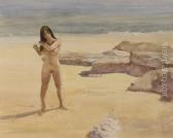 Nude Dark Haired Bather Combing Hair On Beach - view 1