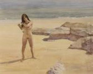 Nude Dark Haired Bather Combing Hair On Beach