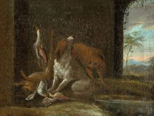 Jagdstuck Mit Hunden, Vogeln Und Einem Hasen