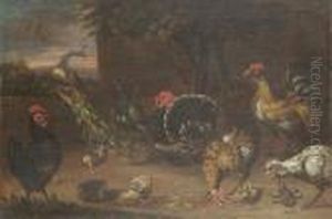 A Peacock, Roosters And Various Fowl In A Barnyard