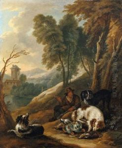 Jager Mit Hunden Und Jagdbeute Vor Sudlicher Landschaft by Adriaen de Gryef