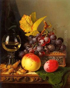 A Still Life of Black Grapes, a Peach, a Plum, Hazelnuts, a Metal Casket and a Wine Glass on a Carved Wooden Ledge by Edward Ladell