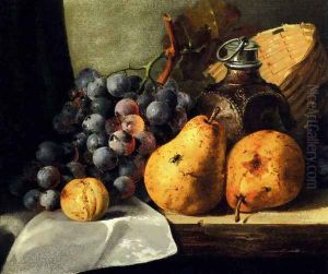 Pears, Grapes, A Greengage, Plums A Stoneware Flask And A Wicker Basket On A Wooden Ledge by Edward Ladell