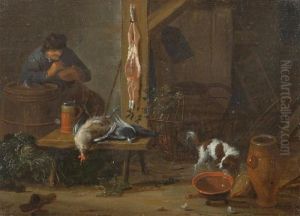 Interior With Pipe Smoker, Game And Dog