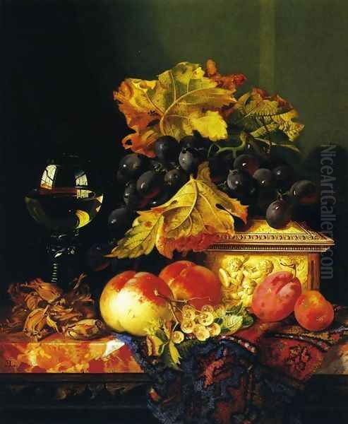 Black Grapes on a Carved Ivory Box, Peaches, Whitecurrants and Hazelnuts with a Hoch Glass on a Marble Ledge - view 1