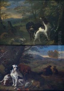 "chien Devant Un Trophee De Chasse Avec Chasseurs Au Repos". by Adriaen de Gryef