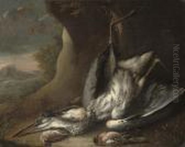 A Dead Heron, Swallow, Thrush And Other Birds In A Landscape - view 1