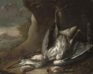 A Dead Heron, Swallow, Thrush And Other Birds In A Landscape