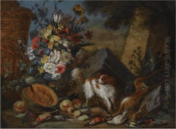 A Still Life With A Bouquet Of
Flowers In A Vase, A Pumpkin, Prunesand Peaches, And A Dead Hare And
Dead Birds In The Foreground,together With A Dog - view 1