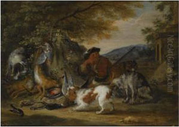 A Wooded Landscape With A
Huntsman Resting With His Hounds, Near Ahunting Still Life Of Dead Hares
And Songbirds - view 1