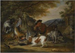 A Wooded Landscape With A
Huntsman Resting With His Hounds, Near Ahunting Still Life Of Dead Hares
And Songbirds by Adriaen de Gryef