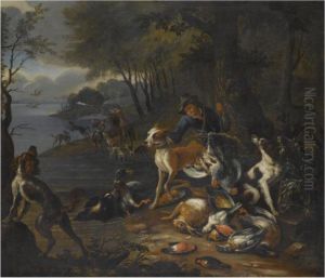A Wooded Landscape With Huntsmen
And Their Hounds On The Banksof A Lake, An Abundance Of Dead Game In
The Foreground by Adriaen de Gryef