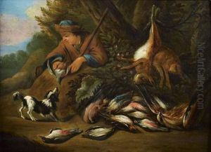 Chasseur Et Son Chien Devant Un Trophee De Chasse by Adriaen de Gryef