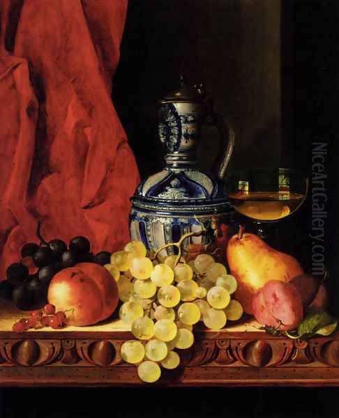 Still Life With Grapes, A Peach, Plums And A Pear On A Table With A Wine Glass And A Flask - view 1