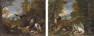 A Hound Guarding Dead Game
Birds, A Stag And A Hare, With Huntsmen In A Landscape; And Hounds With A
Dead Swan, Hare And A Boar, With Huntsmen In A Landscape by Adriaen de Gryef