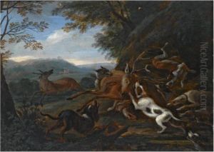A Hunting Scene With A Deer Beset By Hounds by Adriaen de Gryef