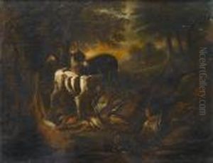 Spaniels Beside A Dead Heron,
Finches And A Hare In A Landscape; And A Hound And A Spaniel With Dead
Ducks, Finches And A Hare In A Landscape, A Huntsman Resting Nearby by Adriaen de Gryef