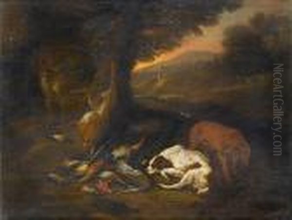 Spaniels Beside A Dead Heron,
Finches And Hare In A Landscape; And A Hound And A Spaniel With Dead
Ducks, Finches And Hare In A Landscape With A Huntsman Resting Nearby - view 1