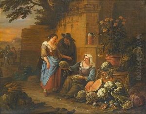 Figures Buying Fruit From A Stall Beside Ruins In An Italianate Landscape