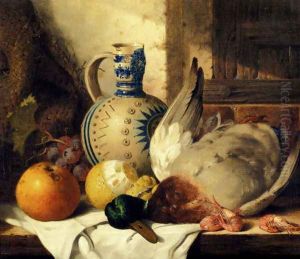 Prawns, A Mallard, A Lemon, An Apple, Grapes And A Stoneware Jug On A Draped Wooden Ledge by Edward Ladell