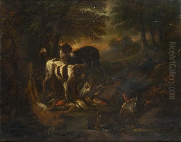 Gryef A Pair - Restingfigures
With Hunting Dogs Guarding Dead Game, In Wooded Italianatelandscapes - view 1