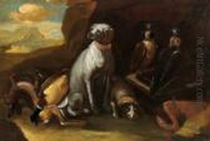 Due Levrieri E Due Falchi Da Caccia Con Cacciagione In Un Paesaggio by Adriaen de Gryef