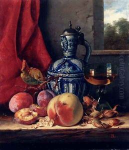 Still Life with Peaches, Whitecurrants, Hazelnuts, a Glass and a Stoneware Jug on a wooden Ledge with a Landscape beyond by Edward Ladell