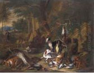 Still Life Of Game With A 
Huntsman Smoking A Pipe Together With His Hounds In A Landscape