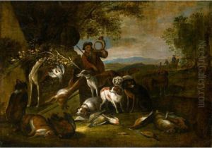 A Huntsman And His Hounds In A Landscape With Various Dead Game by Adriaen de Gryef