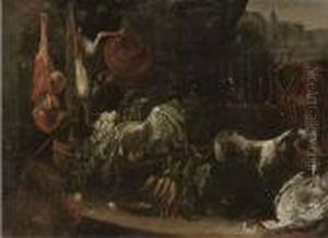 Vegetables, Dead Game And Pots With A Dog Outside A Building by Adriaen de Gryef