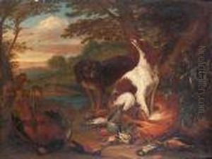 A Hunting Still Life With A
Spaniel Guarding A Swan, Mallard And Songbirds In A Landscape With A
Sportsman Beyond; And A Hunting Still Life With Spaniels Guarding A
Hare, Pheasant, Finches And Songbirds, A Landscape With Huntsmen And
Hounds Beyond by Adriaen de Gryef
