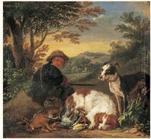 Chasseur Et Ses Chiens A Cote D'un Trophee De Chasse