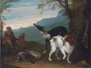 A Wooded Landscape With A
Huntsman Resting With His Dogs, A Spanieland A Greyhound In The
Foreground With Dead Game by Adriaen de Gryef