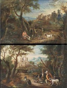 A Sportsman Resting After The Hunt With His Three Hounds, A Village Beyond