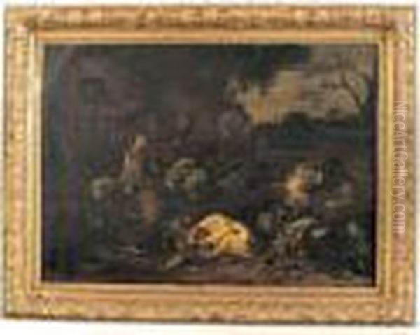 Scene De Cour De Ferme Avec Presentation De Gibiers Et De Legumes - view 1