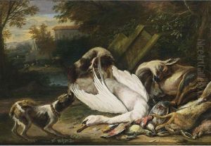 A Hunting Still Life With A Swan, A Deer, A Hare, And Birds, Together With Two Dogs by Adriaen de Gryef