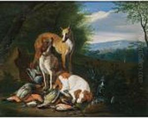 A Hunting Still Life With 
Partridges, A Woodpecker And Other Birds, Together With Dogs, In A 
Wooded Landscape
