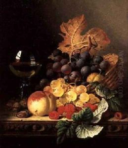 A Basket of Grapes Raspberries a Peach and A Wine Glass on a Table by Edward Ladell