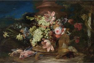 A Still Life With White And Blue
 Grapes, Tulips, Daffodils, Hyacinths, Roses, Morning Glory, And An 
Opium Poppy In A Basket, With An Eurasian Jay, A Quail And A Starling, 
Together With Two Monkeys In A Landscape Setting With A Pot