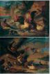 A Classical Landscape With
Bantams Fighting, Together With A Turkey, A Pheasant And Guinea Pigs by Adriaen de Gryef