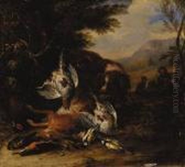 A Dead Hare, A Brace Of
Partridge, A Kingfisher, A Chaffinch, Athrush And A Cock Pheasant With A
Spaniel, A Hunter With Anotherdog Beyond, In A Wooded Landscape - view 1