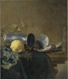 Still Life Of A Pewter Tankard, Lemon, Oysters And Grapes by Jan Davidsz De Heem