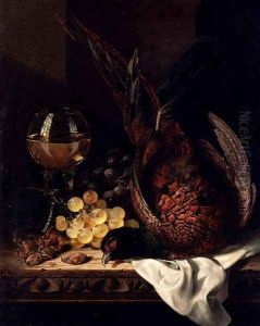 Still Life with a Pheasant, Grapes, Hazelnuts and a Hock Glass on a wooden Ledge by Edward Ladell