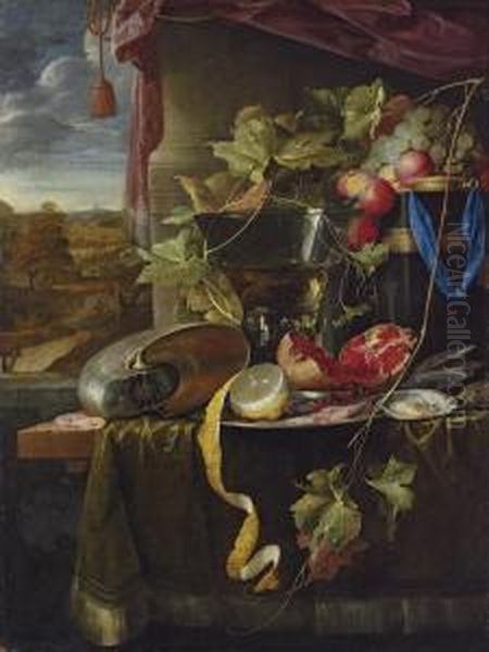 A Conch Shell, A Cut And
Partly-peeled Lemon On A Silver Platter, A Broken Pomegranate, Shrimps,
Oysters, A Wine-filled Roemer, Fruit And Other Objects On A
Partly-draped Wooden Table Before A Draped Window Casement, An Extensive
Landscape Beyond - view 1