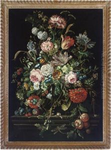 Summer Blooms In A Glass Vase On A Stone Ledge by Jan Davidsz De Heem