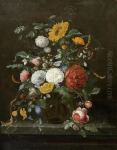 Floral Still Life In A Glass Vase On A Console